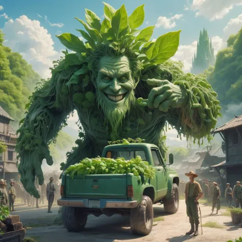 1giant green plant man,1woman, smile, 1man, hat, outdoors, multiple men, sky, day, 2men, grin, colored skin, traditional media, parody, ground vehicle, motor vehicle, car, green skin, truck, humongous giant green man standing in background, humongous green plant man in background<lora:ral-mycelium-sdxl:0.5> ral-mycelium