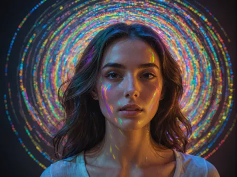 young beautiful woman caught in a whirlwind of colors, surrounded by rainbow lights, rainbow holograms before her face, with pronounced chromatic aberration giving her surroundings a surreal, fragmented look   <lora:add-detail-xl:0.8>   <lora:amazing_portraits_xl_v1b:0.8>