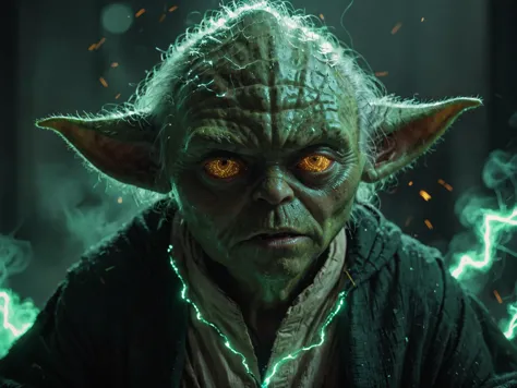 néon brillant, vieux Yoda incandescent émettant des étincelles et de l'électricité, capot, Vert foncé, yeux brillants, Image du film cinématographique