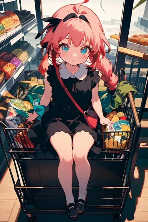 a woman sitting in a shopping cart in a grocery store