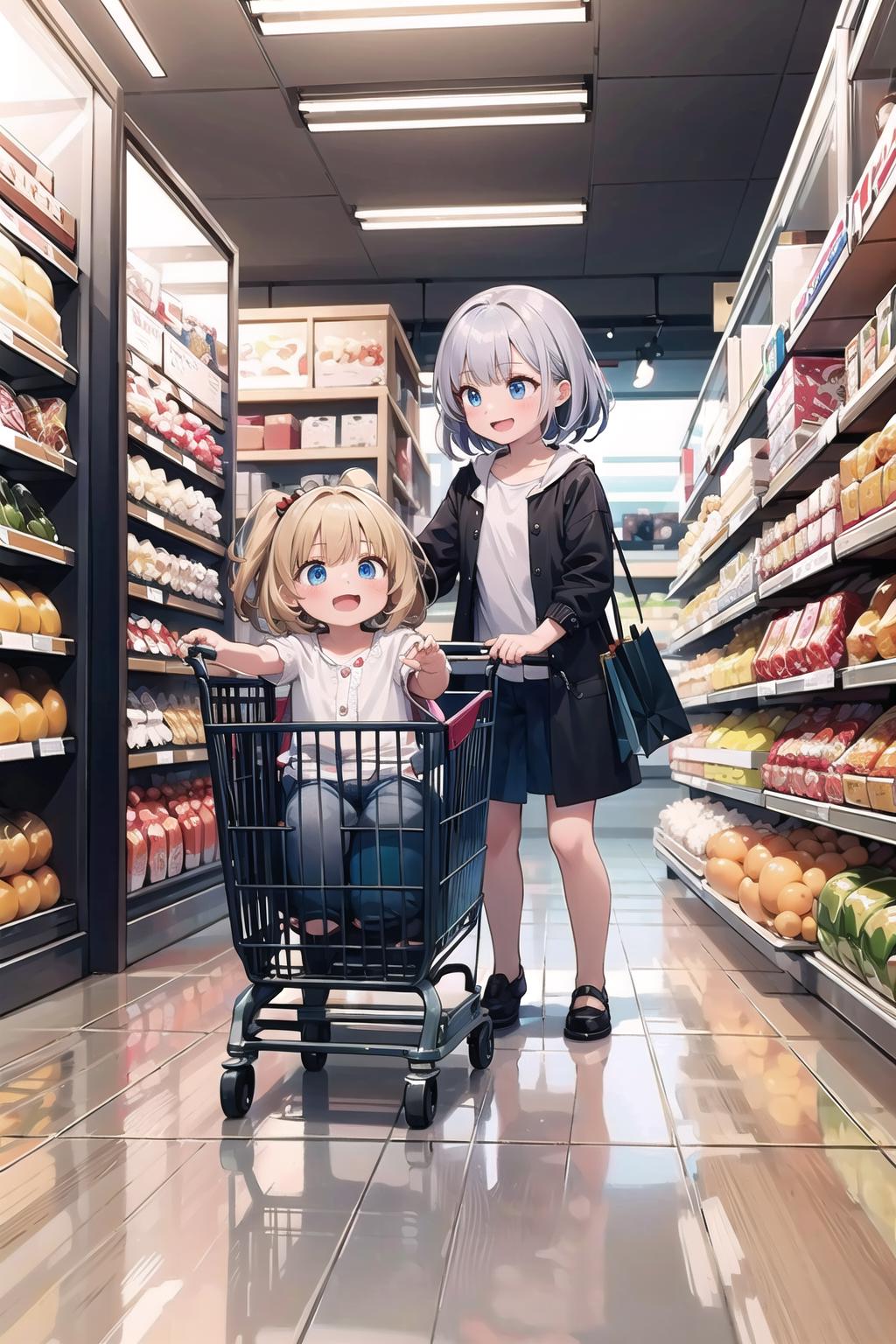 Anime girl and boy in a grocery store with a shopping cart - SeaArt AI