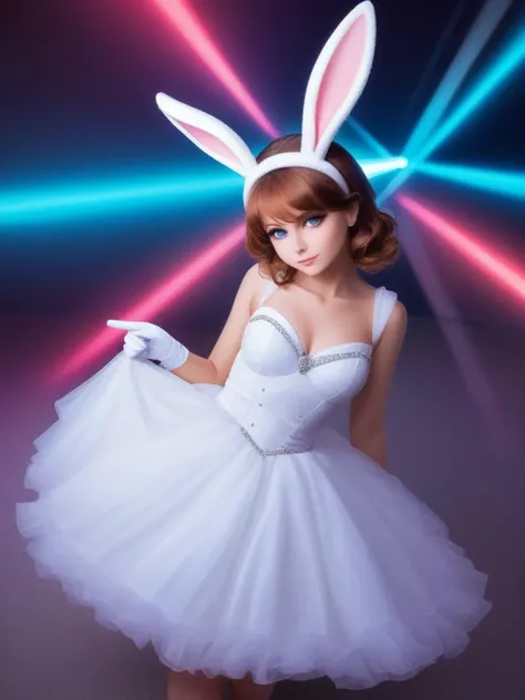 score_9, score_8_up, (masterpiece, best quality:1.1), cute woman in intricate sci-fi dress, dark cinematic lighting, dark neon colors, led lights, fractal style, real, photo, 35mm lens, sharp focus, lens effect, lens glare, dress, white gloves, white bunny, bunny girl, anthro bunny, (arms behind her back, proud pose:0.64)