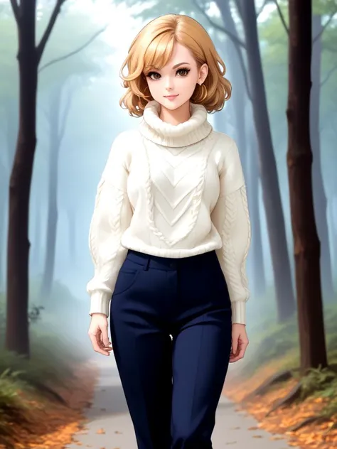 Noella, (2d anime style, lines, flat colors:1.64), female, 24yo, short wavy blonde hair, brown eyes, eyelashes, clumsy girl, dumb, stupid, wool sweater, scarf, hair ornament, intricate hairdo, (plaited pants:1.4), (fog:0.35), (small smile:0.46), (happy, ignorant, unaware:0.76)