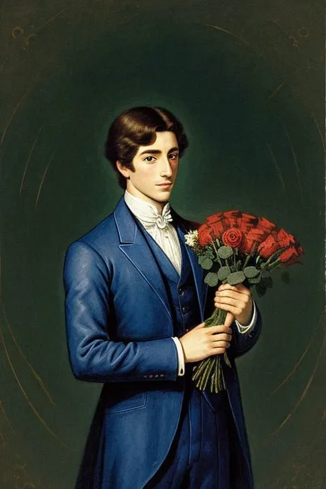 a painting of a man in a blue suit holding a bouquet of roses