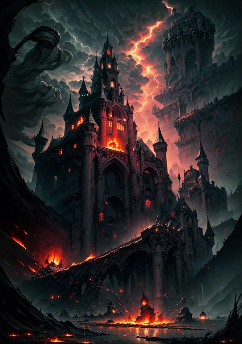 absurdres, (masterpiece:1.4), great composition, <lora:add_detail:0.8>, <lora:epiNoiseoffset_v2:0.5>, a dark and ominous castle, surrounded by a moat of blood-red water, dramatic sky and lightning strikes, depicting a fallen tower and a figure being consumed by flames, no_human