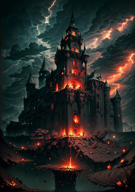 absurdres, (masterpiece:1.4), great composition, <lora:add_detail:0.8>, <lora:epiNoiseoffset_v2:0.5>, a dark and ominous castle, surrounded by a moat of blood-red water, dramatic sky and lightning strikes, depicting a fallen tower and a figure being consumed by flames, no_human