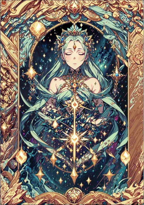 absurdres, (masterpiece:1.4), great composition, (centered frame), mirrored frame, Tarot Card design, ornamented borders, <lora:add_detail:0.8>, <lora:animeTarotCardArtStyleLora_v31:0.8>. <lora:epiNoiseoffset_v2:0.5>, the Cosmic Oracle is a tarot card that represents the mysteries of the universe and the hidden forces that shape our lives. The card depicts a serene and otherworldly figure, surrounded by swirling cosmic energies, with a glowing aura and a sense of infinite wisdom and knowledge