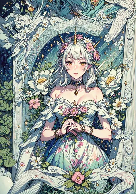 a drawing of a woman in a dress with flowers in her hand