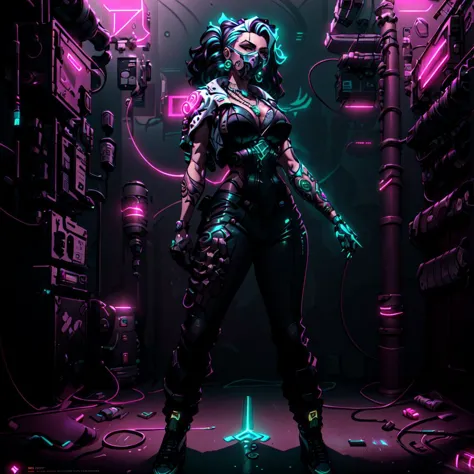 a woman in a futuristic space station with neon lights