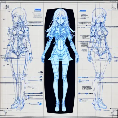 blueprint of a lineart girl, multiple perspectives, schematics, labels, full body, lineart, sharp lines, crisp