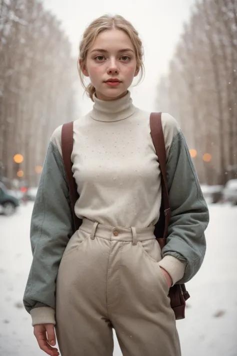 full body photo, (slender woman:1.4), spread legs, legs up, flushed cheeks, cute winter clothes, white sweater with turtleneck a...