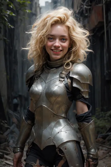 artistic, experimental, creative, expressive, interesting, unusual, dramatic, dynamic pose, slender, color, surreal, abstract,
(post-apocalyptic, palace, cute girl berserker in chainmail armor:1.2), happy smile, (freckles, skin blemishes, blood:1.2), wavy hair, blonde,
depth of field, light dust, outdoors, cinematic
