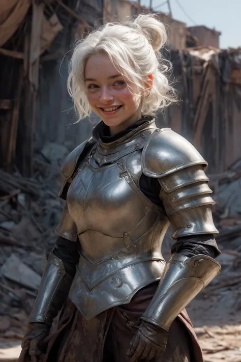 (post-apocalyptic, bedroom, cute girl knight in heavy plate armor:1.2), happy smile, (freckles, skin blemishes, blood:1.2), hair...