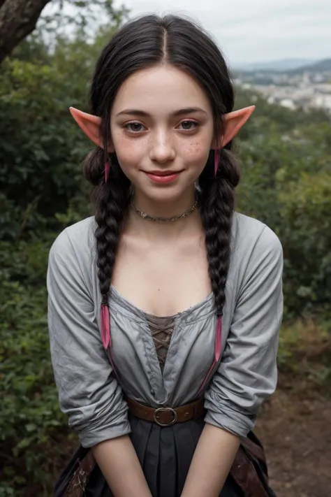 urban fantasy, futuristic city, skinny young (teenage girl with long elven pointy ears:1.3) druid girl wearing modern harajuku s...