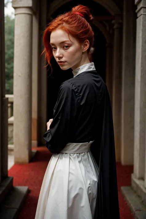 cute innocent nun, thin black dress, arms behind back, leaning towards viewer, lewd expression, pale translucent skin, ginger hair, ponytail, archway to a shrine, (vibrant red theme:1.3), (depth of field, bloom, haze, chromatic aberration, lens distortion:1.2), (film grain:1.2)
