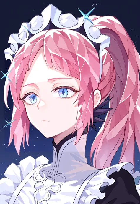 anime girl with pink hair and white dress and blue eyes