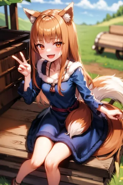 <lora:holo:0.9>, holo, masterpiece, best quality, absurdres, 1girl, looking at viewer, sitting, carriage, wagon, outdoors, neck ...