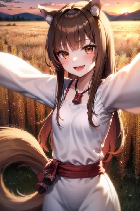 <lora:holo:1>, holo, masterpiece, best quality, absurdres, 1girl, looking at viewer, white dress, brown trim, long sleeves, neck pouch, tail, outstretched arms, wheat, field, sunset, smile, upper body