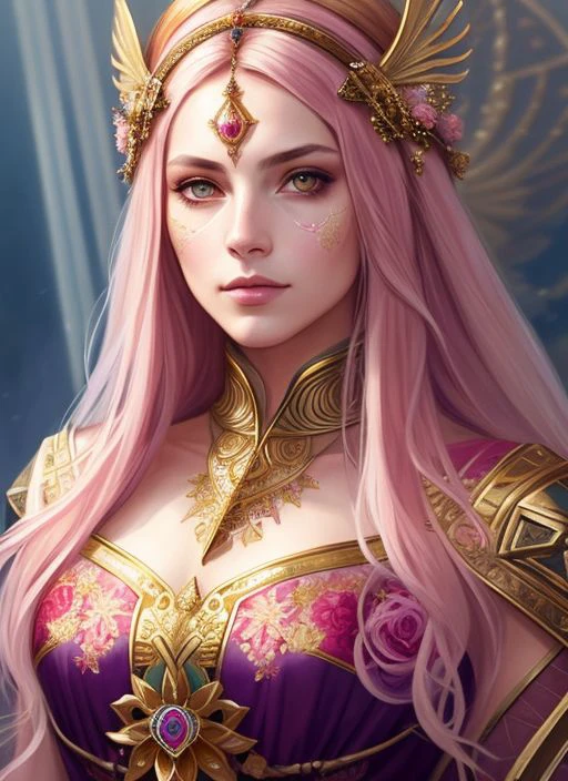 (symmetry:1.1) (portrait of floral:1.05) a woman as a beautiful goddess, (assassins creed style:0.8), pink and gold and opal color scheme, beautiful intricate filegrid facepaint, intricate, elegant, highly detailed, digital painting, artstation, concept art, smooth, sharp focus, illustration, art by greg rutkowski and alphonse mucha, 8k
