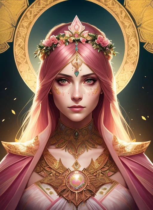 (Symmetrie:1.1) (Porträt von Blumen:1.05) eine Frau als schöne Göttin, (Assassins Creed-Stil:0.8), Farbschema aus Pink, Gold und Opal, beautiful kompliziert filegrid facepaint, kompliziert, elegant, sehr detailliert, digitale Zeichnung, artstation, Konzeptkunst, Glatt, scharfer Fokus, Illustration, Kunst von Greg Rutkowski und Alphonse Mucha, 8k