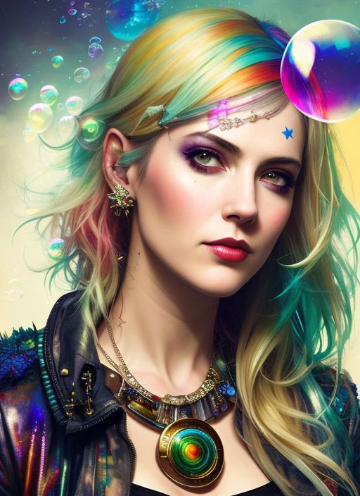 drunken beautiful woman as delirium from sandman, (hallucinating colorful soap bubbles), by jeremy mann, by sandra chevrier, by dave mckean and richard avedon and maciej kuciara, punk rock, tank girl, high detailed, 8k