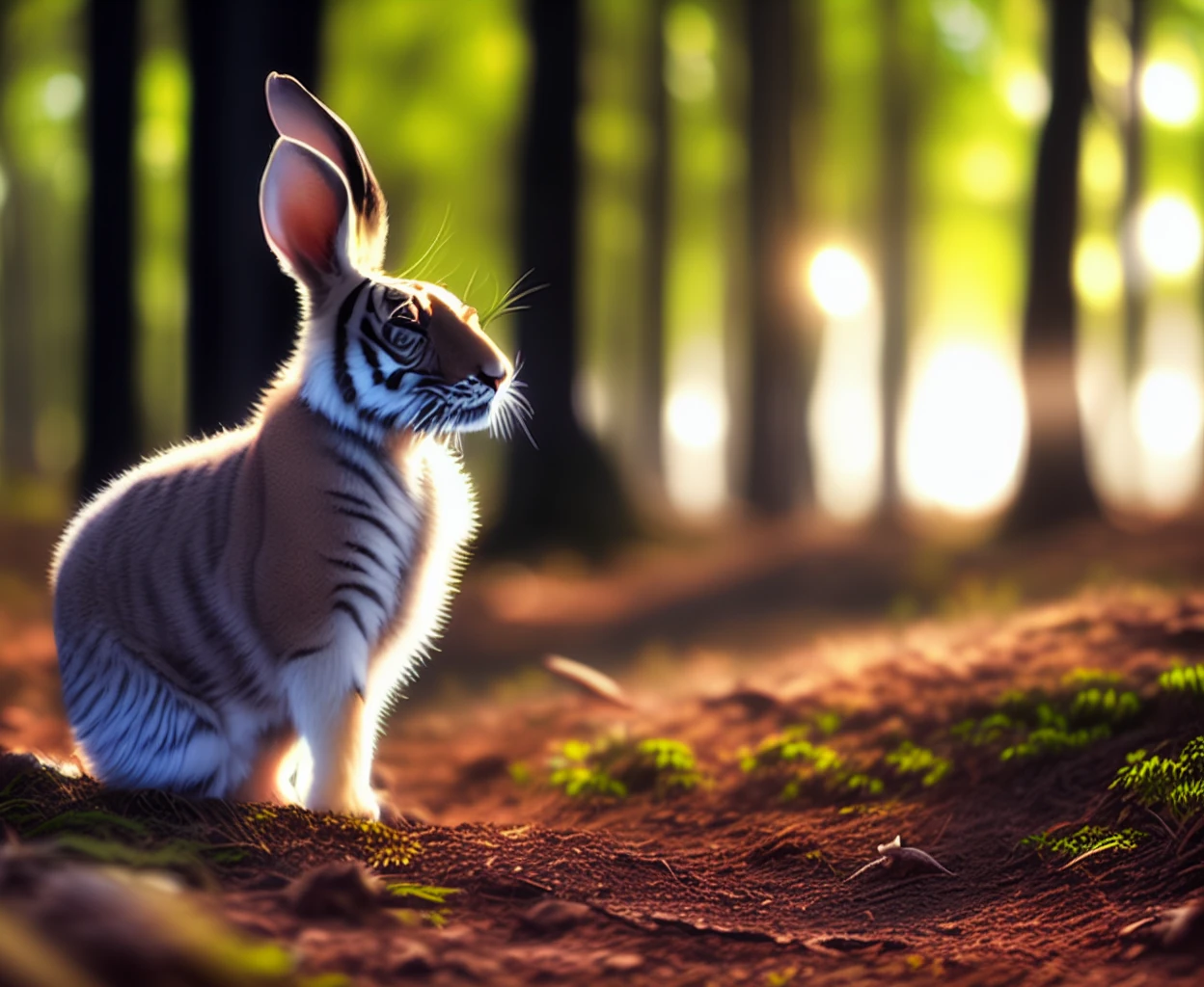 Masterpiece, best quality, 400mm, f/4, shutter speed 1/1000, ISO 3200, a [rabbit:tiger:0.6] in a forest clearing, cinematic lighting, (backlighting:1.2), (bloom:1.2), (chromatic aberration:1.2), sharp focus
