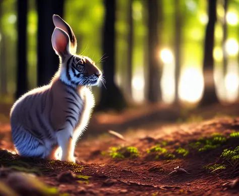 Masterpiece, best quality, 400mm, f/4, shutter speed 1/1000, ISO 3200, a [rabbit:tiger:0.6] in a forest clearing, cinematic ligh...