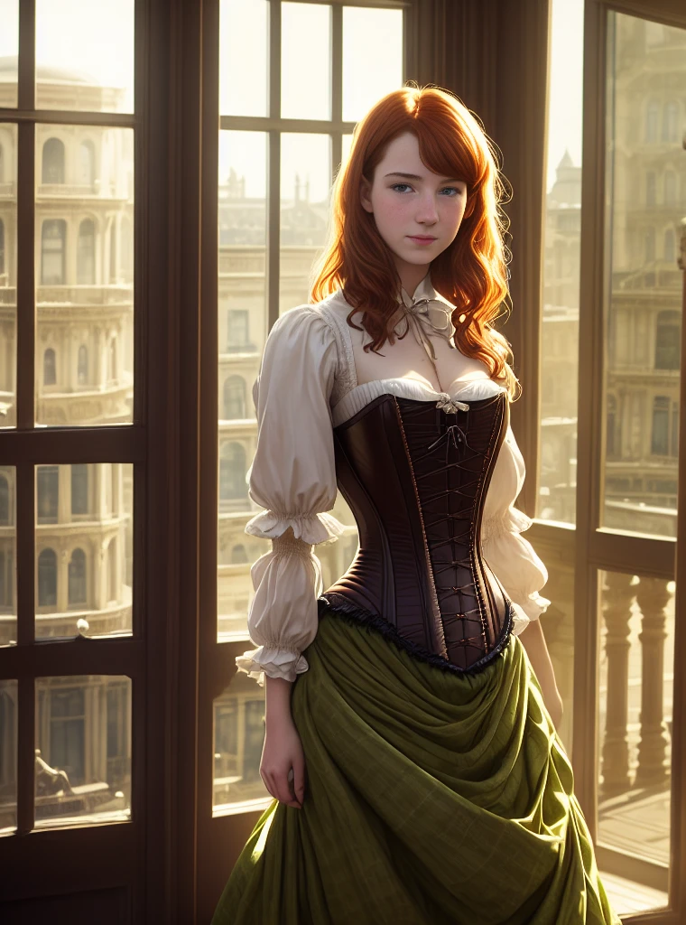 Style-Empire, A beautiful girl (1girl:1.3), (solo:1.3), standing at a palace bay window, facing viewer, by Antoine Blanchard, by Casey Baugh, 18 year old woman, brat, smirk expression, (freckles:0.8), pale, auburn hair, green eyes, intricate (Victorian princess corset dress:1.3), sunny (backlighting:1.3), (bloom:0.6), light shafts, (light sparkles:0.8), (lens flare:0.9), victorian city outside