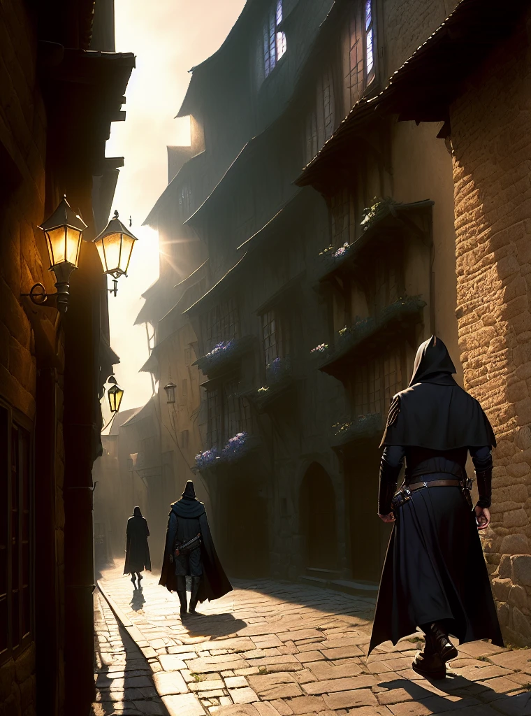 (solo:1.4), (1man:1.4), (Middle Ages:1.4), (fantasy), night, (thief walks along a narrow medieval street in a black cloak hiding his face), background, realistic, masterpiece, highest quality, backlighting, (lens flare:1.1), (bloom:1.1), (chromatic aberration:1.2), by Jeremy Lipking, by Antonio J. Manzanedo,