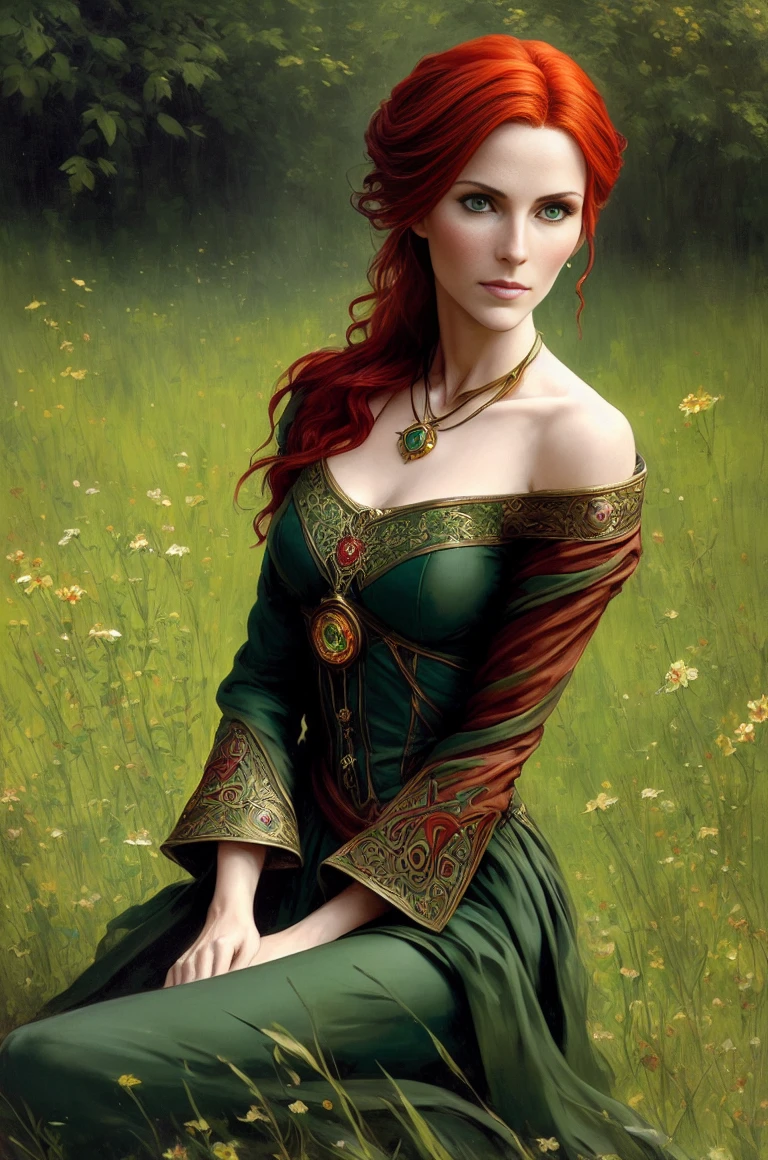 (Triss Merigold:1.4), The witcher, (green eyes:1.4), (red hair in a bun), tamzenefull portrait, masterpiece, best quality, highest quality, (realistic lighting:1.04), nsfw, light particles, perfect face, intricate (high detail:1.1), (1girl:1.4), (solo:1.4), seductive_style, sitting on the grass, fantasy, by Jeremy Lipking, by Antonio J. Manzanedo, by Alphonse Mucha, head in proportion to body, no hands visible