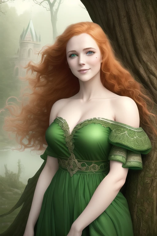 {masterpiece}, best quality, {{anime}}, {{3\4 body shot}}, {{dutch angle}}, {art by Bastien Lecouffe-Deharme}, 1girl, woman leaning on the  tree, smug smile, {{{wavy ginger hair}}}, shiny hair, {{green eyes}}, eye reflection, detailed pupils, {{pale skin}}, shiny skin, large breasts, {{{muscular}}}, {{{wearing green dress}}}, castle on the background, {{{intricate details}}}, {extemely detailed}, digital art, digital painting, wallpaper