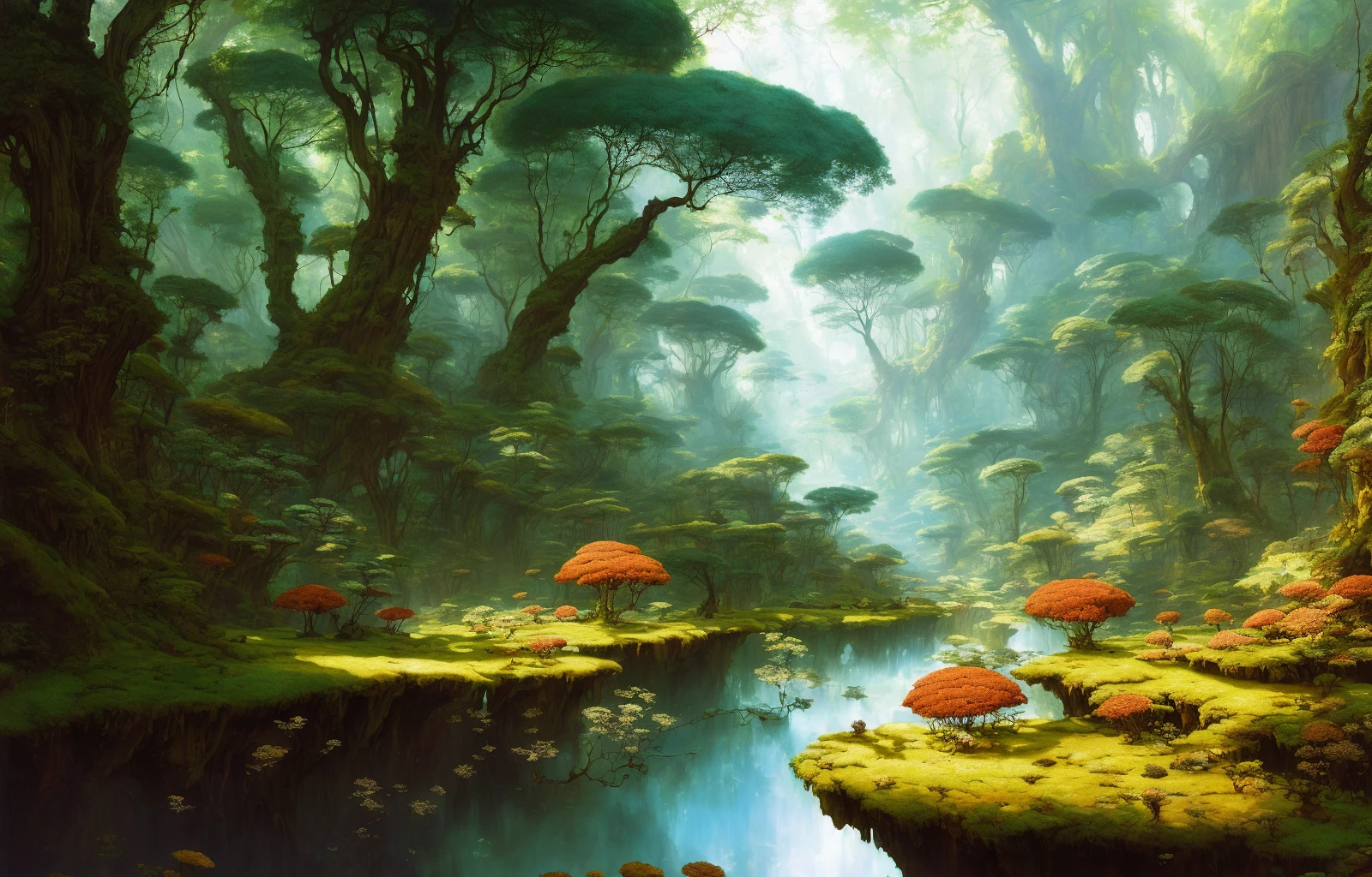 masterpiece, best quality, [detailed], [intricate], digital painting, an alien planet fern forest river landscape, fantasy, sci-fi, [highres], [absurdres], [sharp focus], bokeh, realistic shadows, lithograph by John William Waterhouse and Kyoto animation and Yoshitaka Amano and Frank Frazetta