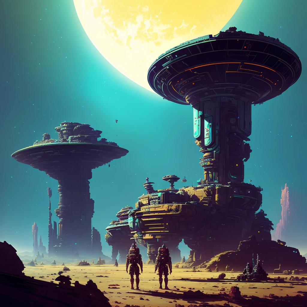 complexe, photoréaliste, science-fiction, ruines sur une planète extraterrestre, par Alan Bean et Anton Fadeev