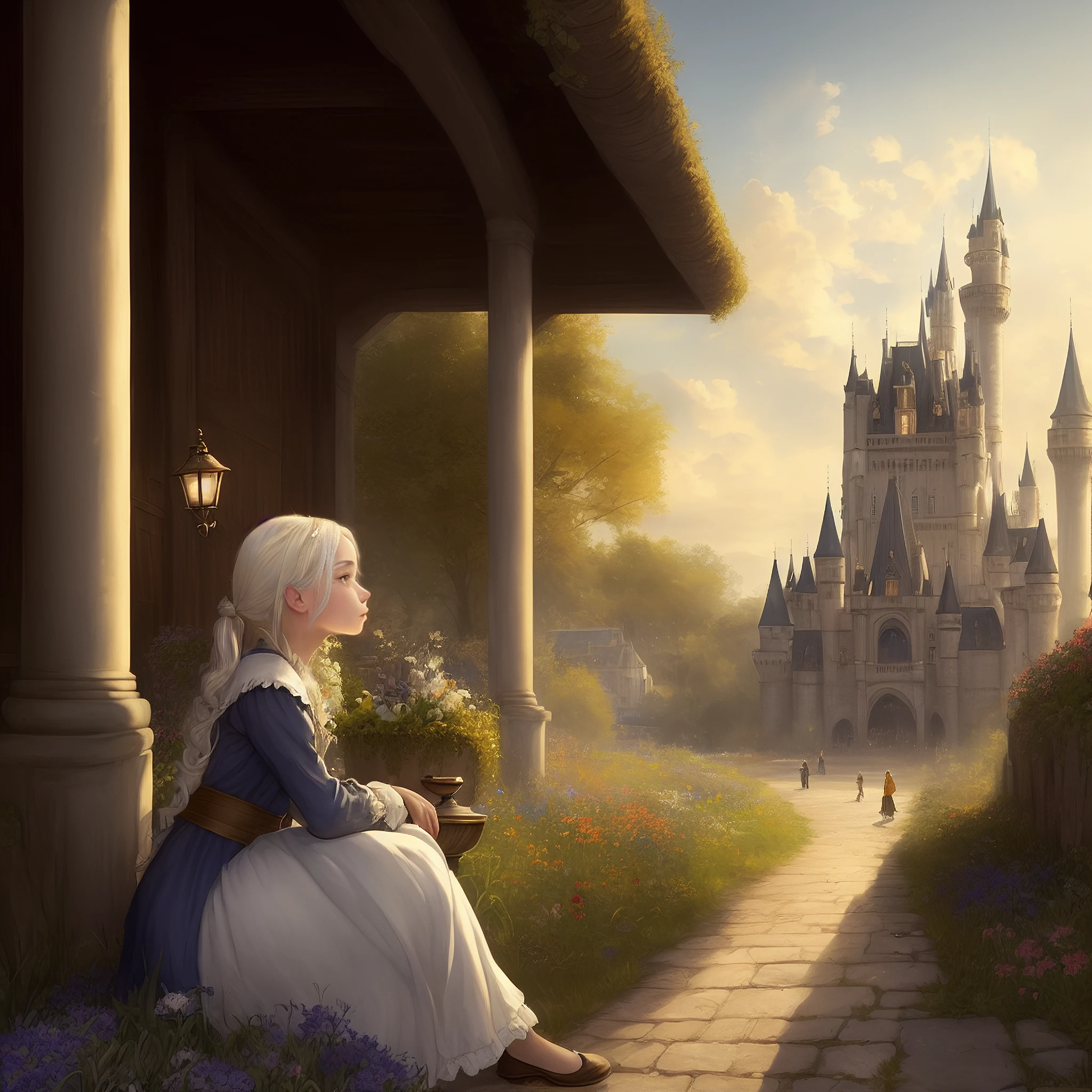 a young princess, looking at flowers in a flower bed, a beautiful courtyard near the castle, a castle wall on the background, a palace with a lawn and flowers, a girl with blonde hair, (white hair:1.3), white eyebrows, thick eyelashes, pale skin, golden eyes, white and gold medieval dress, juicy colors, clear weather, excellent quality, hyperdetalization, hd, 4k, Fantasy, (squatted down:1.3), Style-Empire, hyperrealism, juicy lawn, hdr toning, (more details of the environment:1.3), Style-Moana, Greg Rutkowski, WLOP