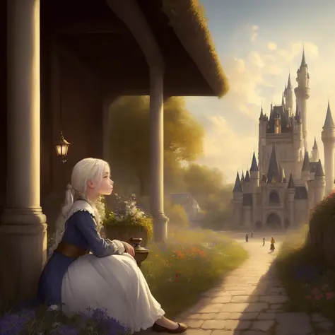a young princess, looking at flowers in a flower bed, a beautiful courtyard near the castle, a castle wall on the background, a ...