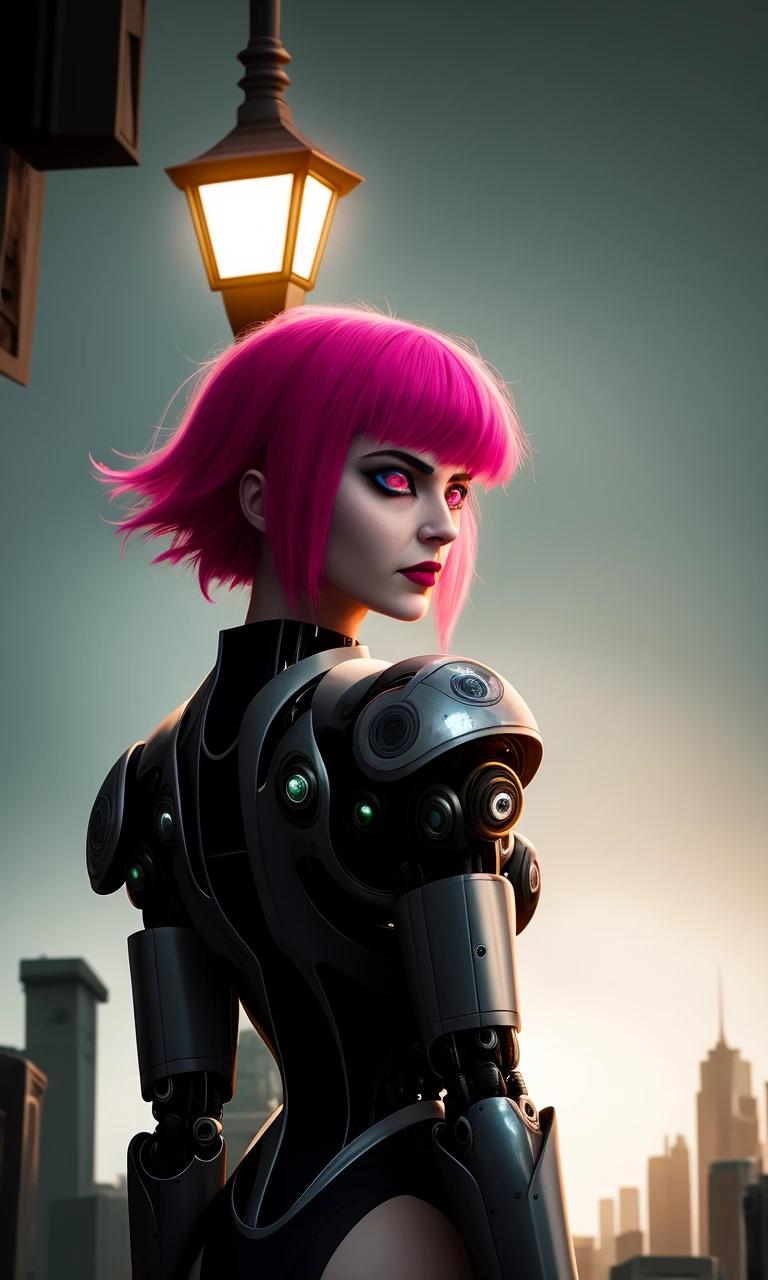 closeup portrait of a cute cyberpunk street samurai, standing in a dark back alley, surrounded by hoodlums, ready to fight, short bright pink hair, wearing black latex bodysuit, gauntlets, pauldrons, she is ready for a fight, sword in hand, toned and fit, streetlight, (backlighting), realistic, masterpiece, highest quality, ((intricate armor)), fantasy forest in background, orcs surround her, fantasy monsters in background, night, dark,  ((excited)), lens flare, shade, bloom, ((light sparkles)), [chromatic aberration], by Jeremy Lipking, by Antonio J. Manzanedo, by (Alphonse Mucha), digital painting, (goth:1.2),(enhanced cyborg body:1.1),(intricate:1.2), (cyberpunk:1.2), (in the style of Blade Runner:1.2), ( robot joints:1.1), (robot eyes:1.2), (perfect face:1.2), (led lighting:1.2), (smokey:1.1), (in the style of Ghost In The Shell:1.2)