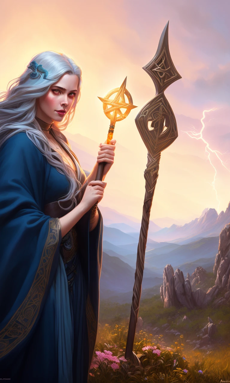 closeup portrait of a beautiful sorceress, standing on a dais, long blue hair, braided, summoning circle in background, she is casting a spell, staff in hand, powerful, lightning, (backlighting), realistic, masterpiece, highest quality, ((dark blue wizard robe)), mountains in background, cave in background, forest in background, night, dark, glowing runes,  ((excited)), lens flare, shade, bloom, ((light sparkles)), [chromatic aberration], by Jeremy Lipking, by Antonio J. Manzanedo, by (Alphonse Mucha), digital painting
