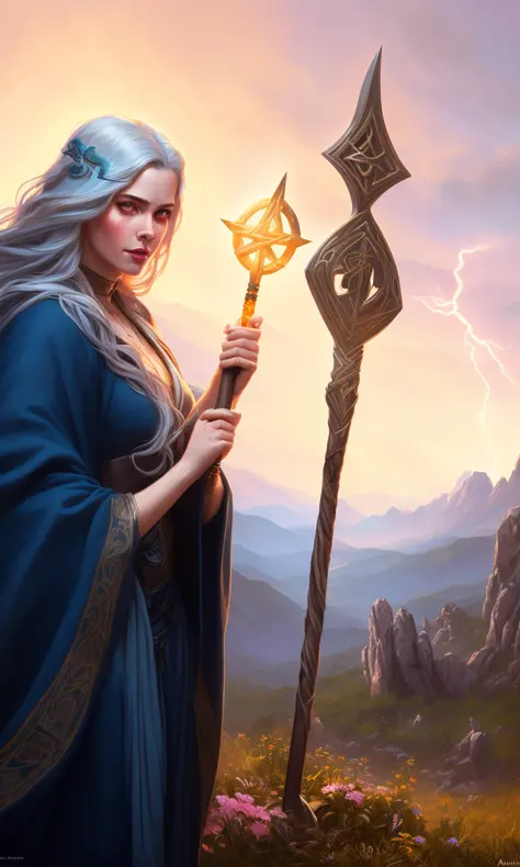 closeup portrait of a beautiful sorceress, standing on a dais, long blue hair, braided, summoning circle in background, she is c...