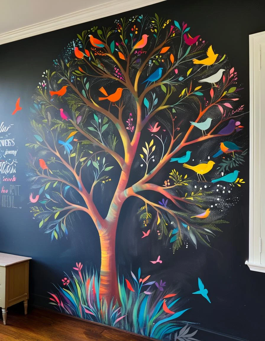 Ch4lk4rt, Um lindo mural de giz de uma árvore cheia de pássaros coloridos.