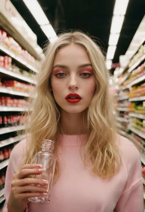 whimsical wide-angle photo, high top-down angle, brightly-lit supermarket aisle, young woman is holding a small glass bottle fil...