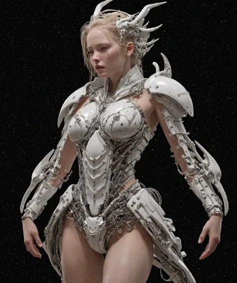 masterpiece, best quality, 3d statue by daturahex, full shot, a woman in a white costume holding a sword, porcelain cyborg armor...