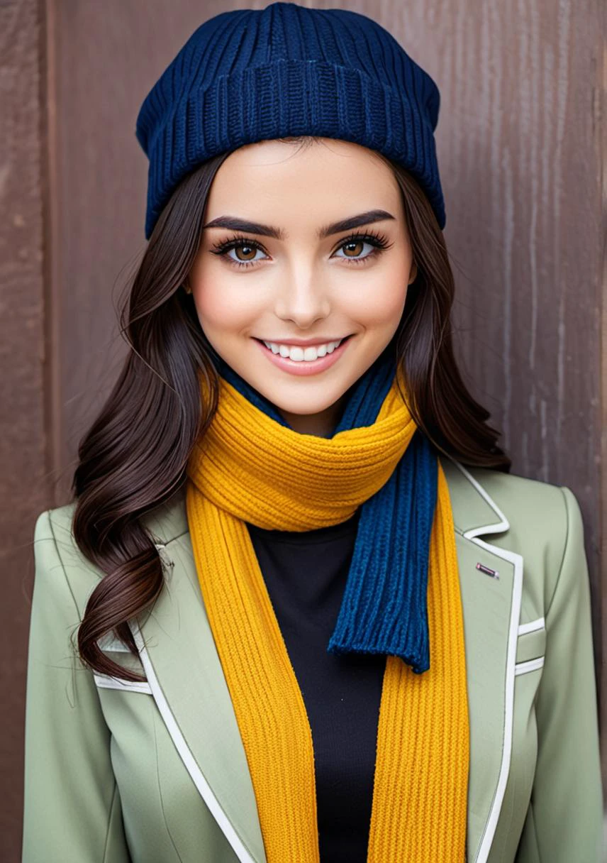 1girl, solo, photo of AliceQPro, wearing a scarf, wearing a jacket, wearing a hat, wearing a blouse, wearing a tie, masterpiece, best quality, (detailed face, detail skin texture, standing, smiling, looking at the camera, ultra-detailed body), not sexy, not triggering, nothing someone would be offended by, a picture that would not break Civitai TOS rules
