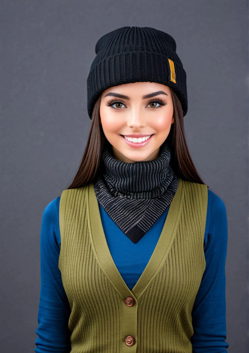 1girl, solo, photo of AliceQPro, wearing a scarf, wearing a jacket, wearing a hat, wearing a blouse, wearing a tie, wearing a bullet proof vest, wearing a turtleneck sweater, masterpiece, best quality, (detailed face, detail skin texture, standing, smiling, looking at the camera, ultra-detailed body), not sexy, not triggering, nothing someone would be offended by, a picture that would not break Civitai TOS rules