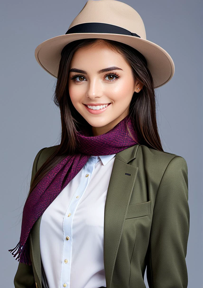 1girl, solo, photo of AliceQPro, wearing a scarf, wearing a jacket, wearing a hat, wearing a blouse, wearing a tie, masterpiece, best quality, (detailed face, detail skin texture, standing, smiling, looking at the camera, ultra-detailed body), not sexy, not triggering, nothing someone would be offended by, a picture that would not break Civitai TOS rules