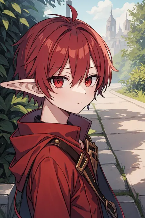 1boy, looking at viewer, red hair, red eyes, elf, outdoors,