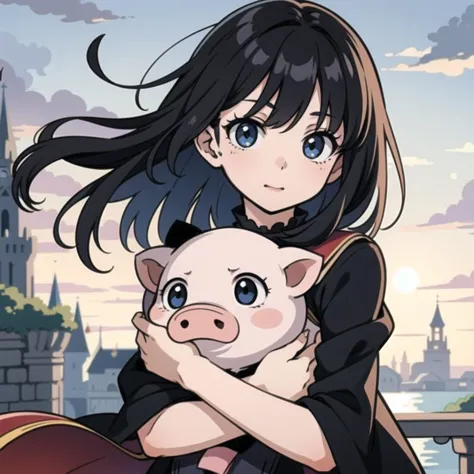 a woman holding a pig in her arms in front of a castle