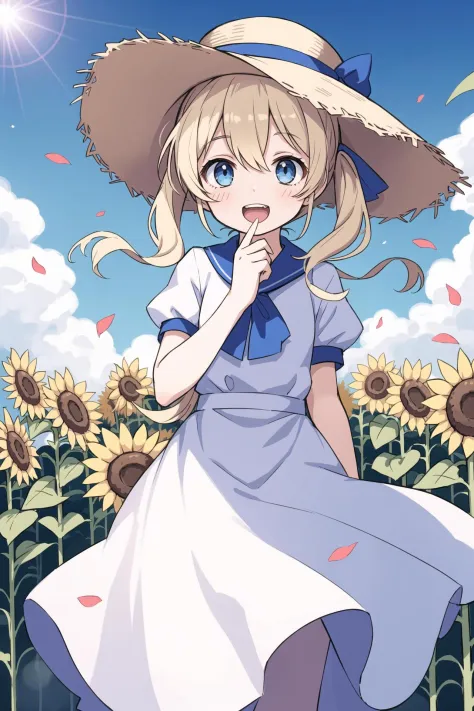 cute little girl,,solo,wind,pale-blonde hair, blue eyes,very long twintails,white hat,blue sky,laugh,double tooth,,lens flare,dr...