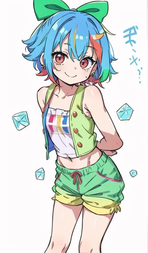 A cute girl ,(petite,chibi:1.2),(Rainbow colored hair, colorful hair), (messy, messy), crystal earrings, white vest, green short...