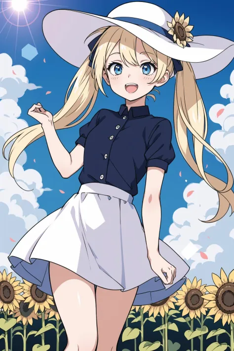cute little girl,,solo,wind,pale-blonde hair, blue eyes,very long twintails,white hat,blue sky,laugh,double tooth,,lens flare,dr...