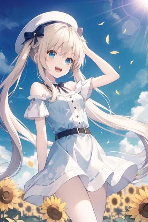 cute little girl,,solo,wind,pale-blonde hair, blue eyes,very long twintails,white hat,blue sky,laugh,double tooth,,lens flare,dramatic, coastal,
flying petal, flowery field, sky, sun,field, sunflower, masterpiece, best quality,